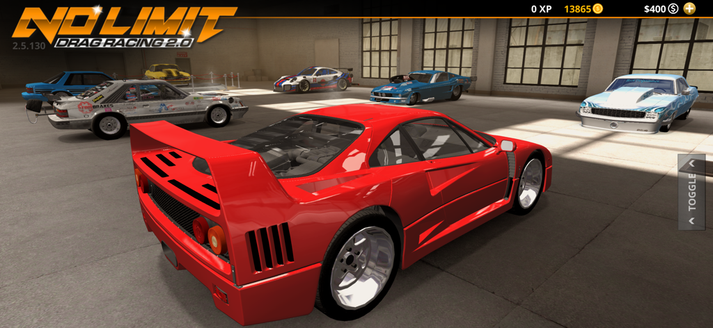 A red supercar and various customized race cars inside a garage in No Limit Drag Racing 2