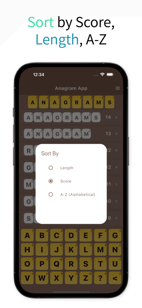 Interface de l'application Résolveur d'anagrammes montrant les options de tri des mots par score, longueur et ordre alphabétique