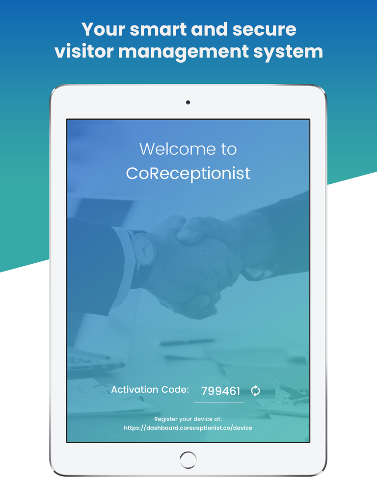 CoReceptionist - Visitor Kiosk - CoReceptionist visitor management system welcome screen on an iPad