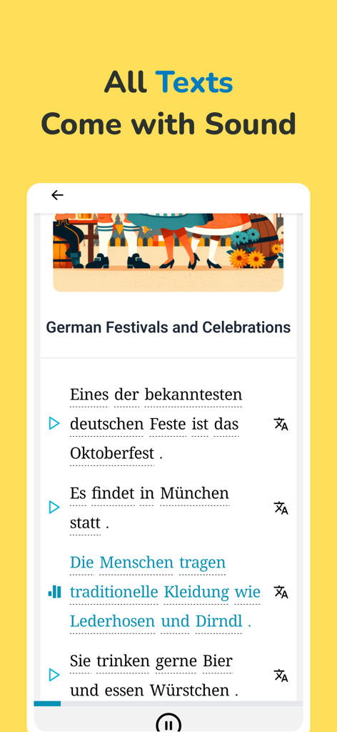 Linguin - Listening Practice - A German article about festivals in the Linguin app showing text with audio playback buttons and translation icons.