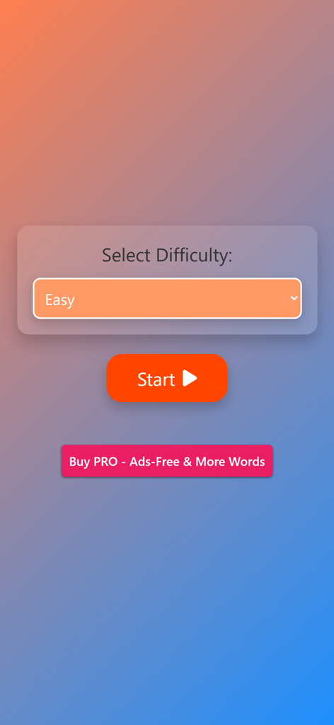 Medical Terminology Game Guess - Screen for selecting difficulty level and starting the medical terminology game