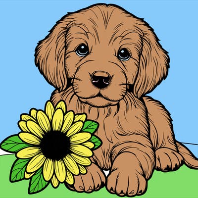 realistic retrever puppy with flower