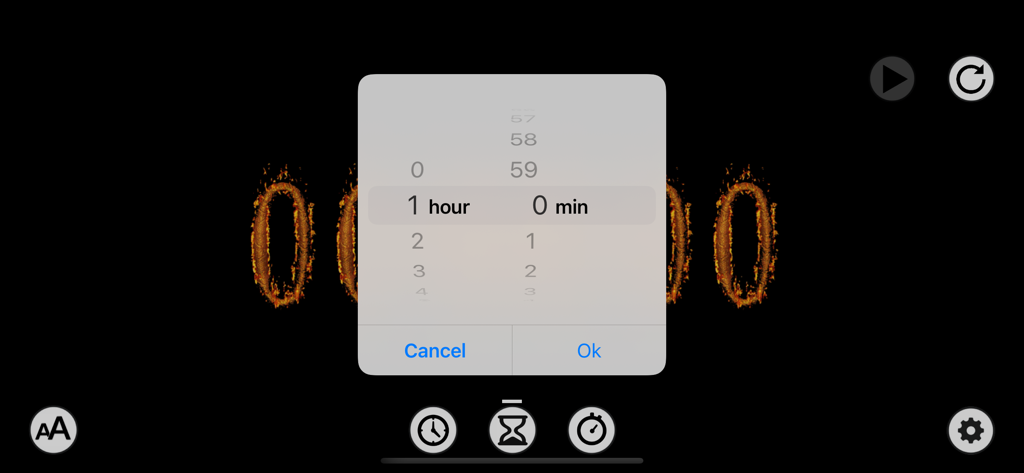 Interface of the TimeFont app showing a timer setting modal with a stylized fiery font background