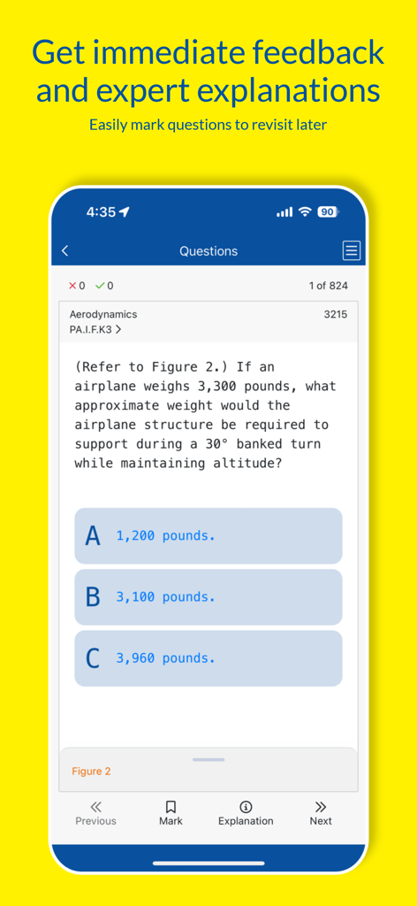 King Test Prep Companion - King Test Prep Companion app interface showing a multiple choice aerodynamics question for FAA pilot license exam preparation.