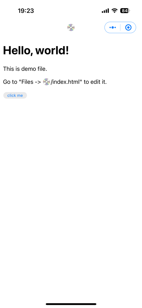 Minip App - Captura de pantalla de la aplicación Minip que muestra una página de demostración de Hola Mundo con un botón