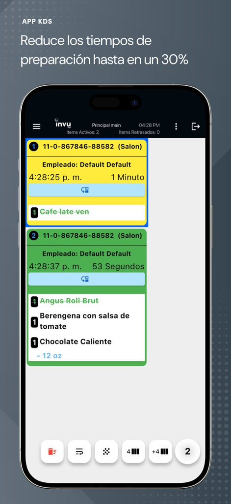 Bildschirm eines Smartphones, der die InvuKDS-Küchen-Display-Oberfläche mit aktiven Essensbestellungen und Zubereitungszeitgebern anzeigt