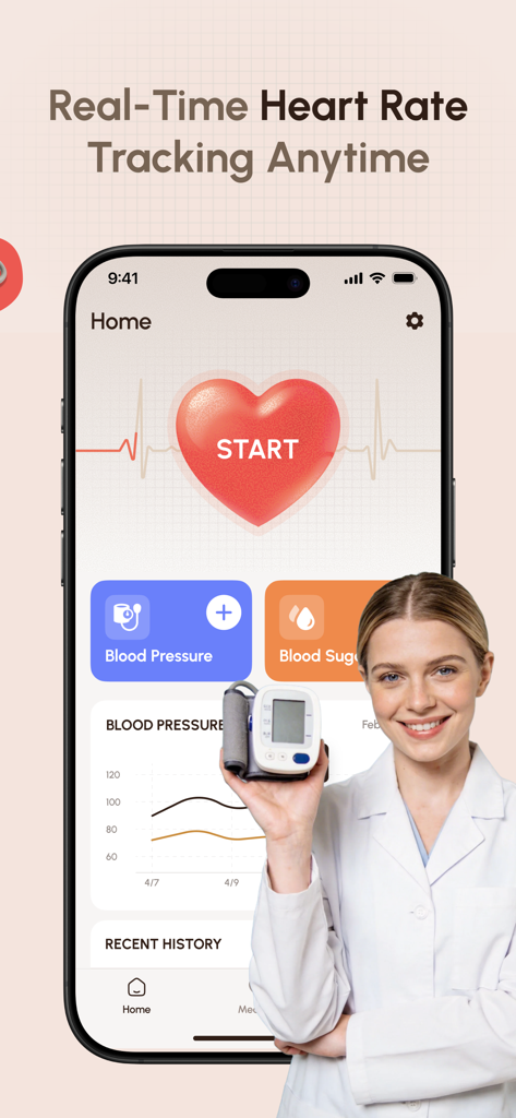 SmartBP Log & Tracker - Interfaz de la aplicación SmartBP que muestra funciones de registro de frecuencia cardíaca y presión arterial.