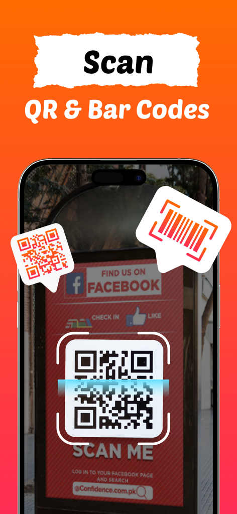 QRBot: QR Code Maker + Barcode - iPhone screen showing the QRBot app scanning a QR code on a physical sign