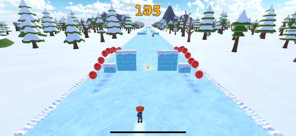 Dangleverse - A hockey player character navigating a frozen river track with obstacles in Dangleverse