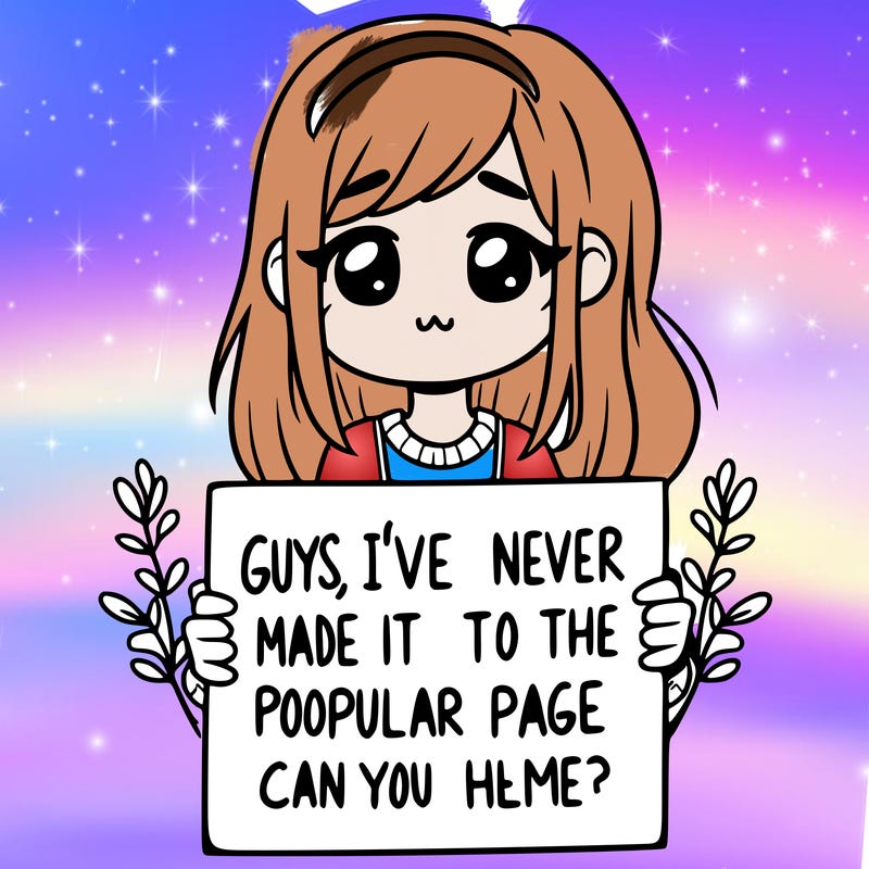 a girl holding up a sign that says, guys, i’ve never made it to the popular page, can you help me?