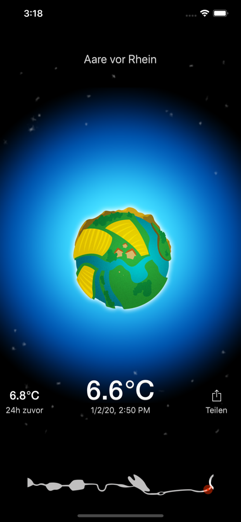 Aare - Aare App-Oberfläche, die eine Flusstemperatur von 6,6 Grad Celsius anzeigt