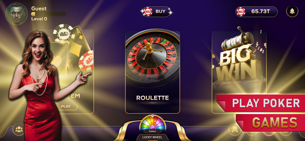 LaLa Poker - Pantalla del menú principal de la aplicación LaLa Poker que muestra opciones de juego Texas Holdem y Ruleta