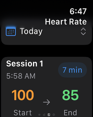Daily Om Practice : ChantFlow - Apple Watch screen showing heart rate reduction from 100 to 85 BPM after a 7 minute meditation session