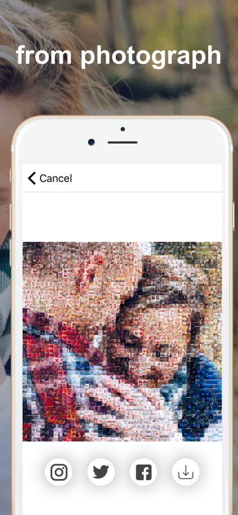 PXL - mosaic art - An iPhone screen displaying a detailed mosaic art piece created from hundreds of small photos with sharing and download options.