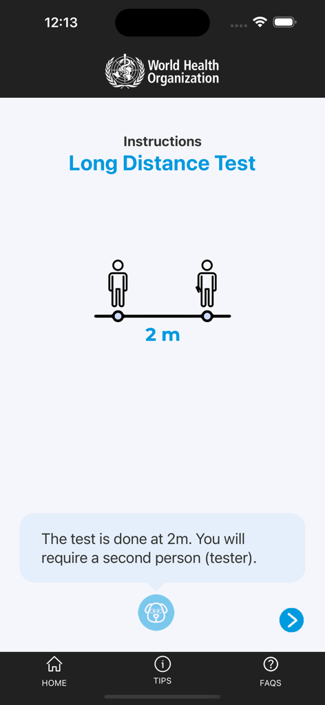 WHOeyes - Instructions screen for the WHOeyes app showing a diagram for setting up a long distance vision test at 2 meters.