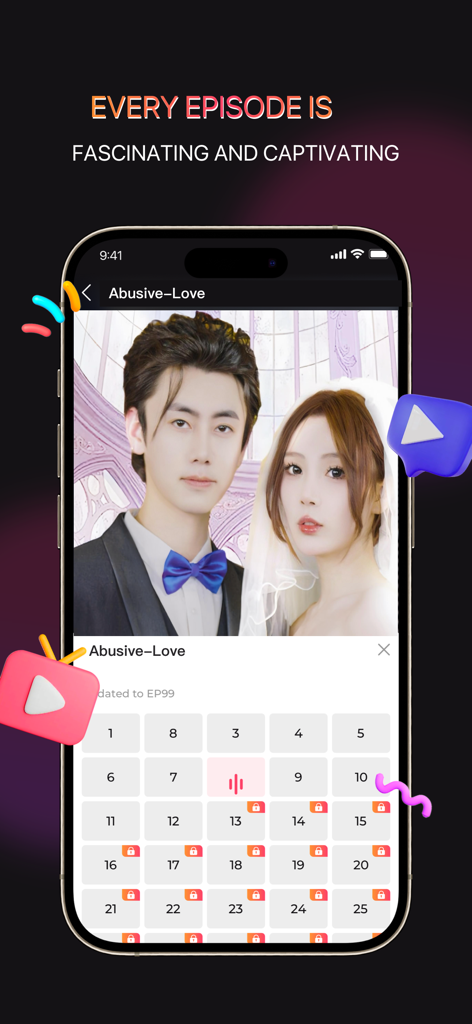 CrushTV - Short & Drama - Interface de smartphone do aplicativo CrushTV exibindo uma lista de episódios de um drama curto intitulado Amor Abusivo.