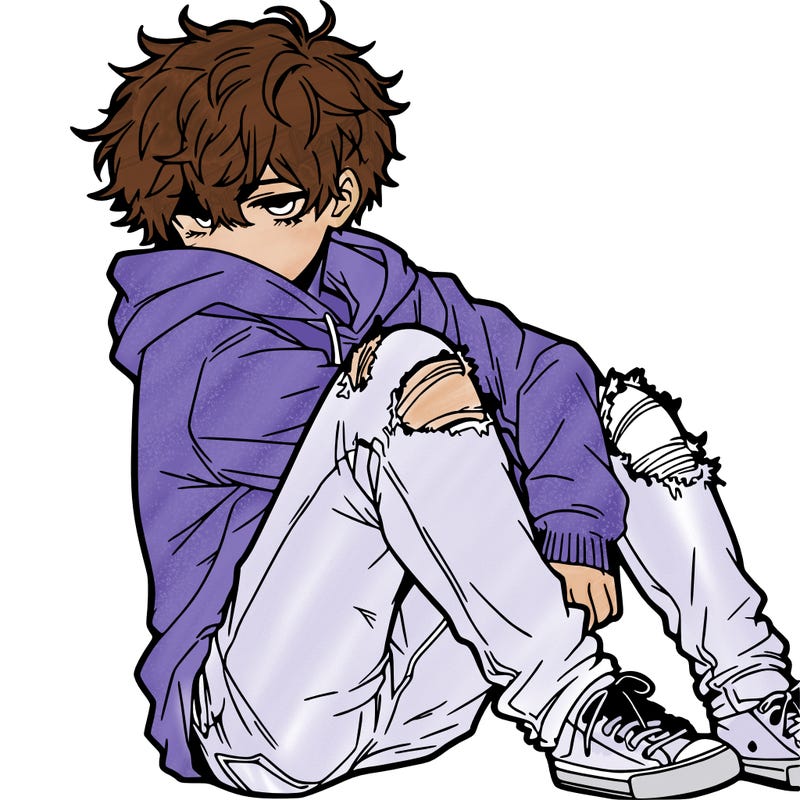 a male hoddie ripped jeans messy hair anime