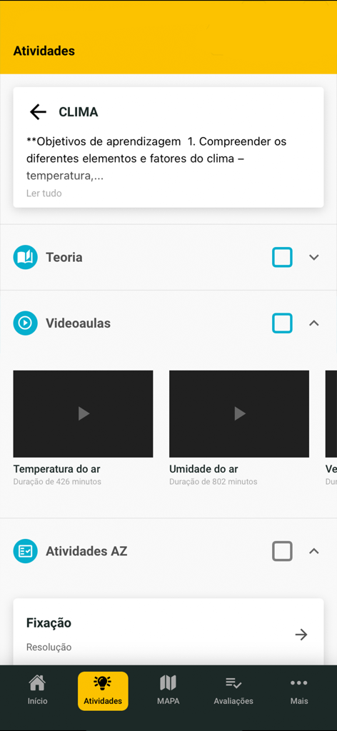Aluno Rede AZ - Tela móvel do aplicativo Aluno Rede AZ mostrando atividades de estudo de clima e videoaulas