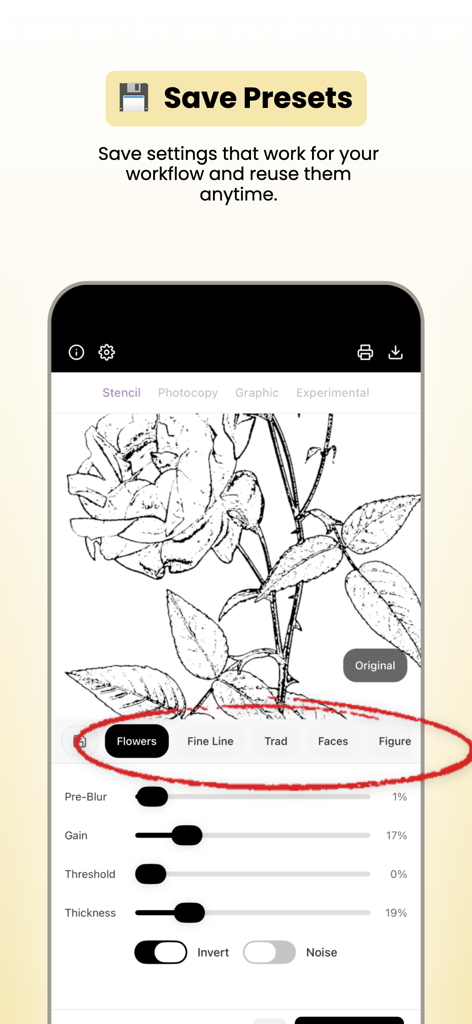 Tattoo Stencil Lab app interface showing how to save and reuse custom presets for tattoo stencil designs