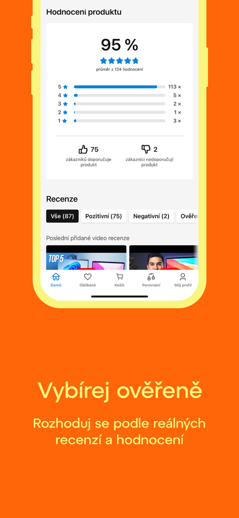 Smartphone screen showing product ratings and verified customer reviews on the Heureka mobile app