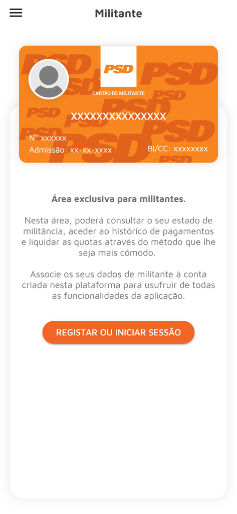 PSD app screen showing a virtual membership card and login button for party members