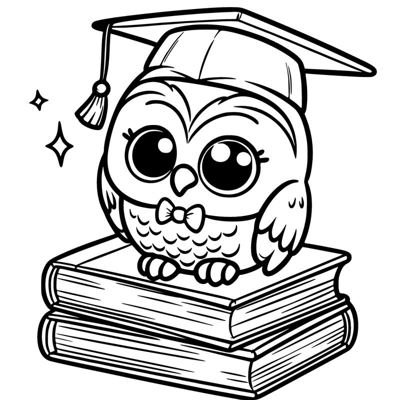 young cartoon owl wearing a graduation cap, sitting on a stack of books