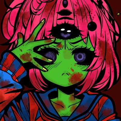 manga character girl looking in pain and her having a third eye
