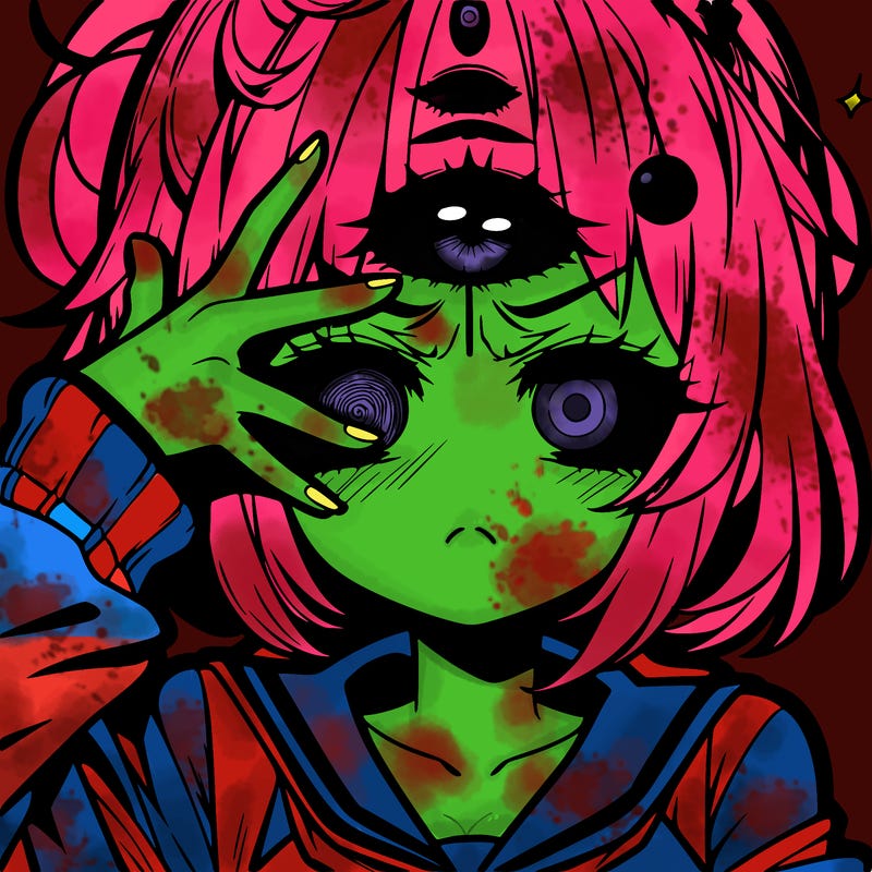 manga character girl looking in pain and her having a third eye
