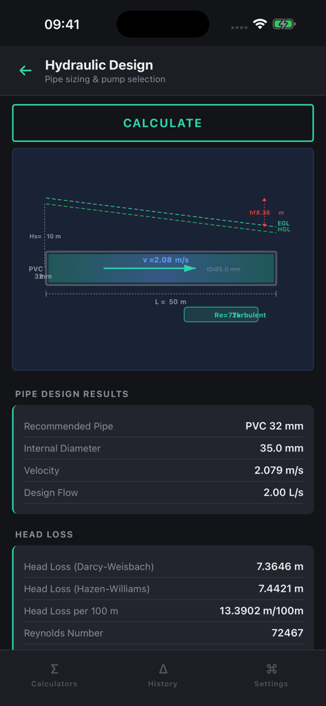 VerCivil: Structural Engineer - Hydraulic design calculator in VerCivil app showing pipe sizing results and head loss data