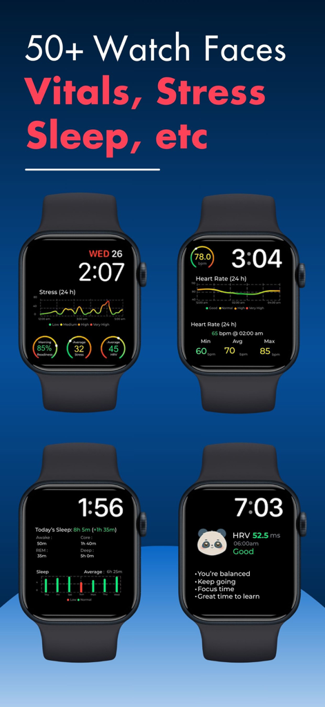 Four Apple Watch faces showing stress heart rate sleep and HRV metrics from the app