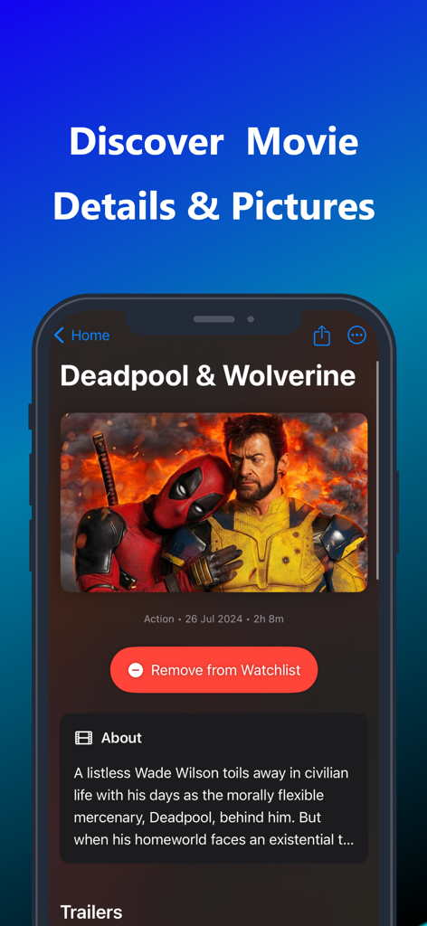 Just Watch For Pikashow - A mobile app interface displaying movie details and a watchlist management option