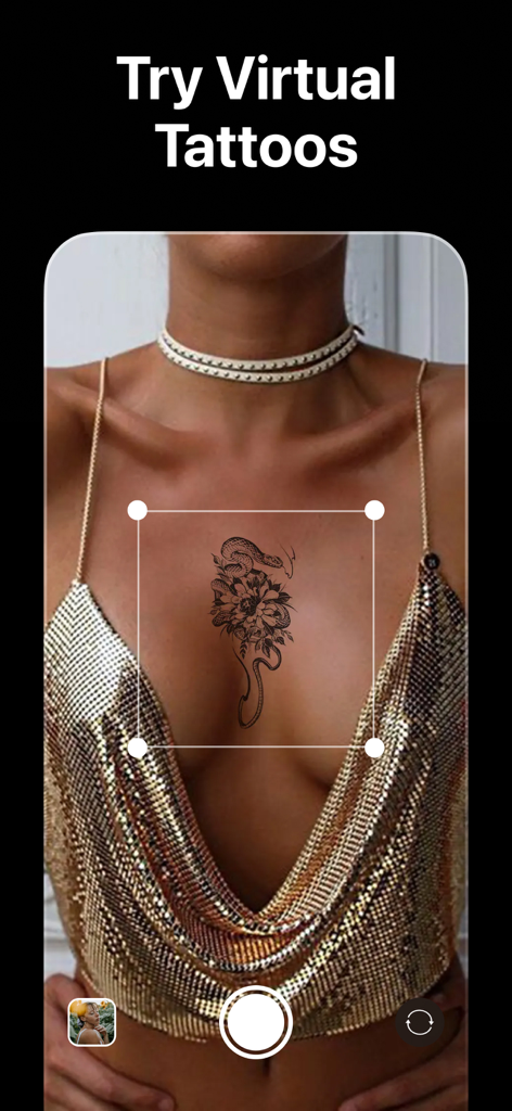 A person using the app to virtually try on a snake tattoo on their chest