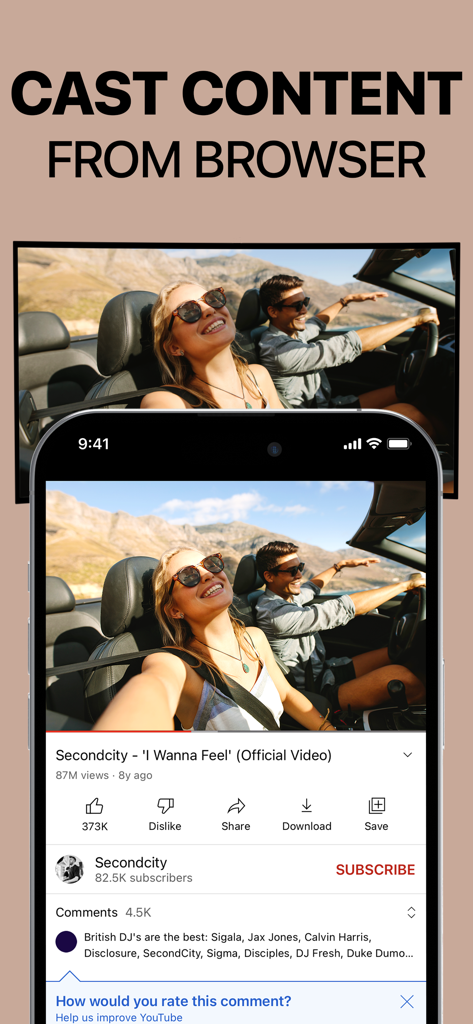 Screen Mirroring App: Smart TV - 웹 브라우저에서 더 큰 TV 화면으로 YouTube 뮤직 동영상을 미러링하는 iPhone