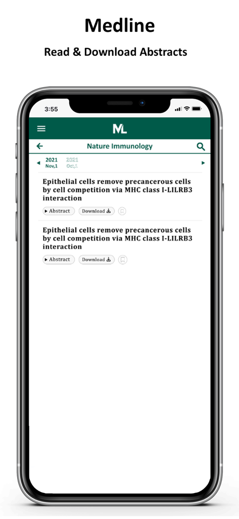 MedLine - Medicine Online - スマートフォン画面で医療雑誌の抄録を読んだりダウンロードしたりするためのMedLineアプリのインターフェース