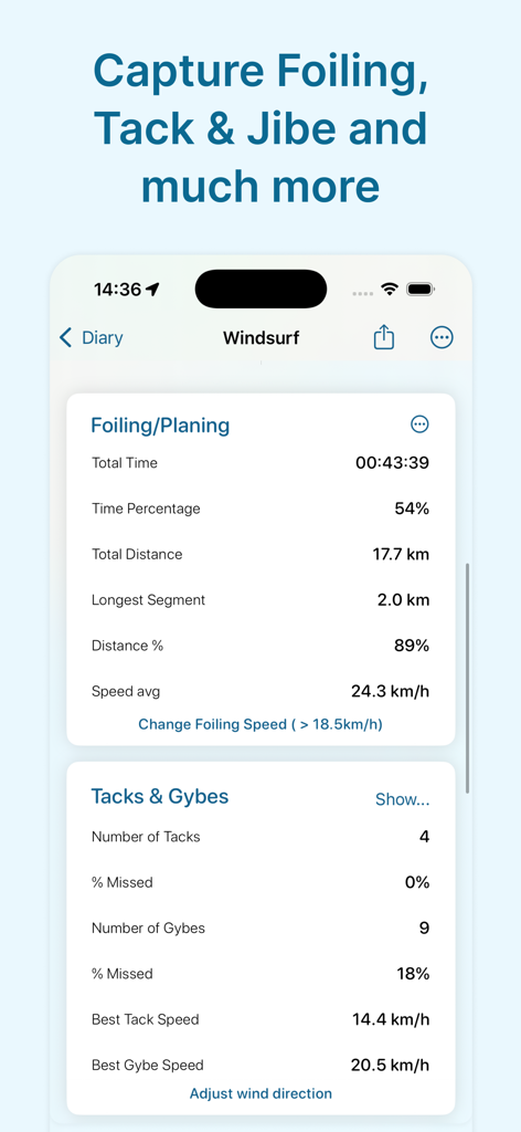 Waterspeed app interface showing windsurfing performance data including foiling time and tack and gybe statistics