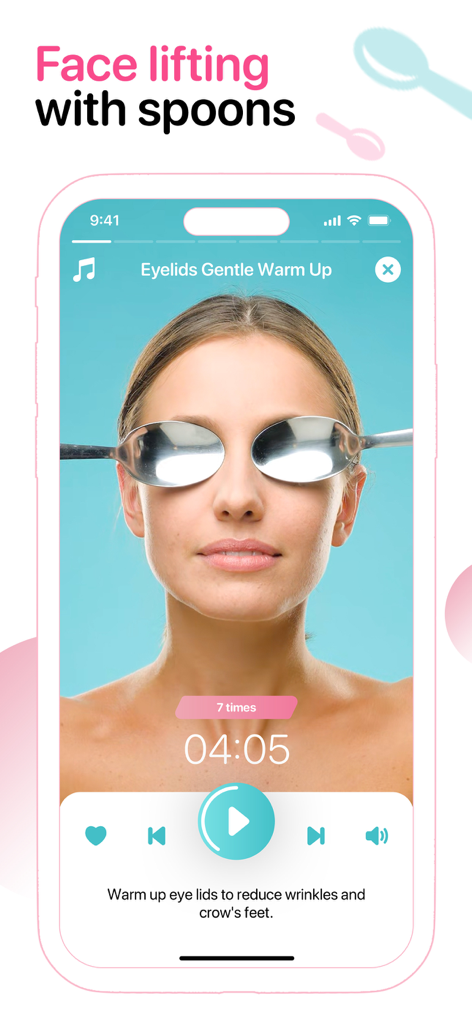 Facegym - Face Fitness Yoga - Woman performing a face lifting exercise with spoons for eyelids on the Facegym app.