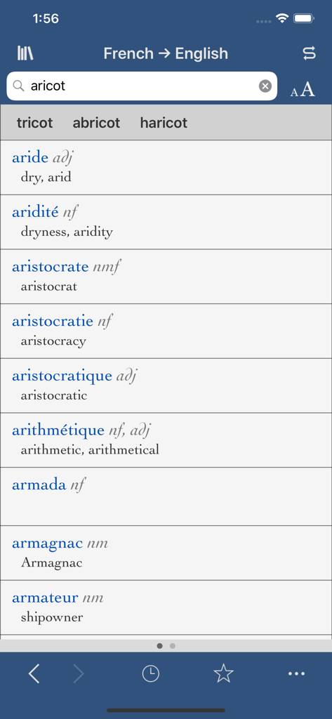 Collins-Robert Concise - Resultados de pesquisa e sugestões de ortografia no aplicativo Collins-Robert French-English dictionary