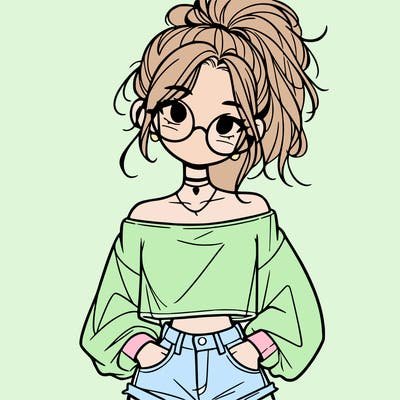 girl with a messy ponytail glasses a baggy crop top and jean shorts