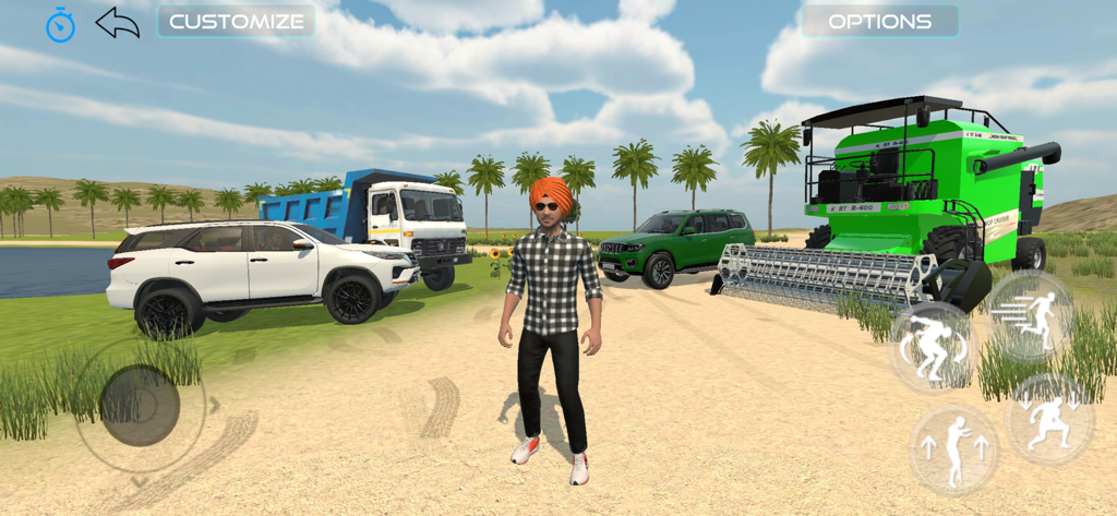 Un personaje de Indian Vehicle Simulator 3D de pie con varios vehículos en un mundo abierto