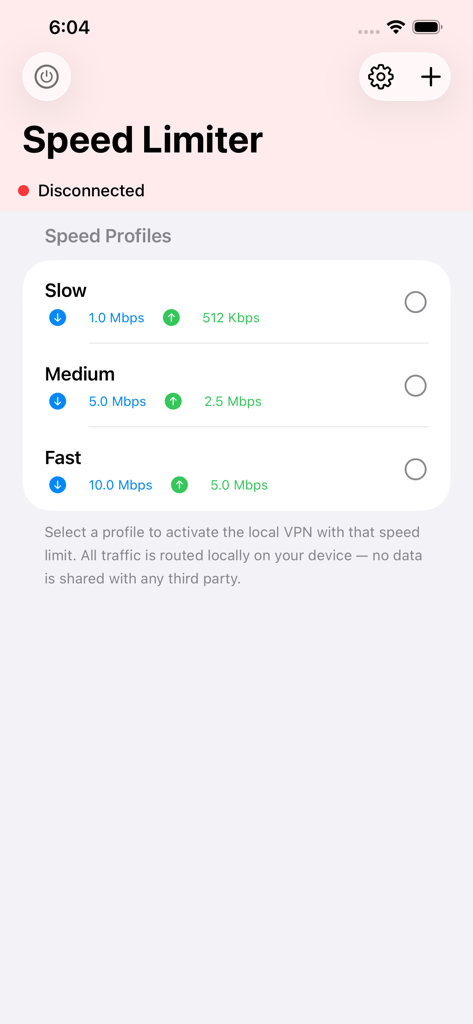 Interface do aplicativo Internet Speed Limiter mostrando diferentes perfis de velocidade de rede para conexões Lenta, Média e Rápida