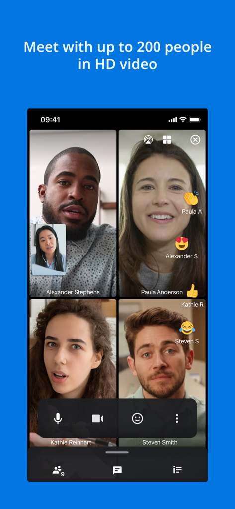 AnyMeeting mobile app interface showing a 4-way HD video conference with participant names and reaction emojis.