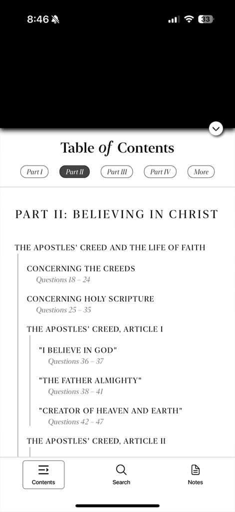 The Table of Contents screen in The Catechism app showing theological sections and questions.