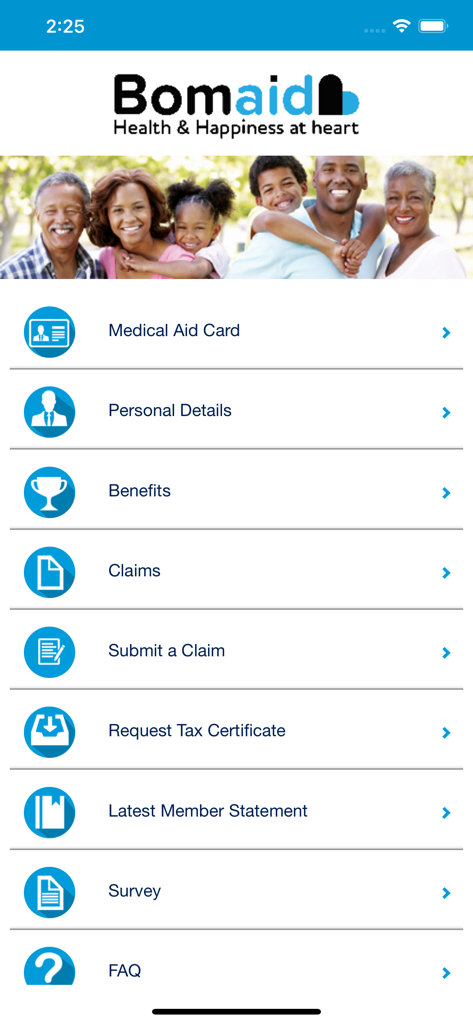Bomaid mobile app home screen with menu items for health insurance services