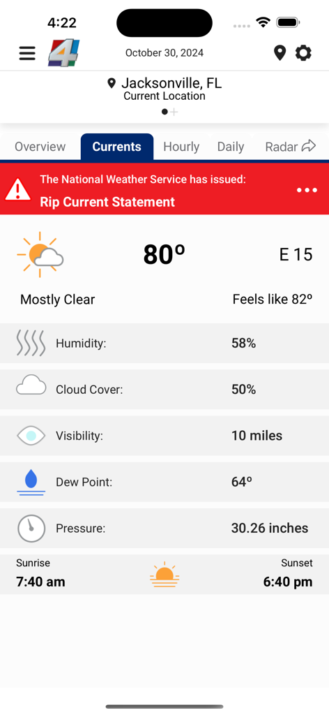 News4Jax Weather Authority - News4Jax Weather Authority app interface showing current weather and a rip current alert for Jacksonville Florida