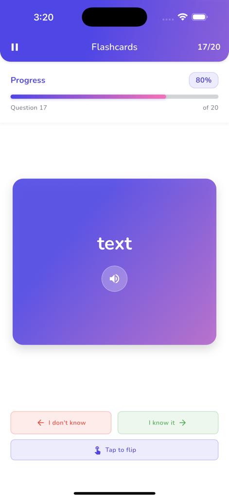 Flashcard interface in the English Uzbek Dictionary app for vocabulary learning