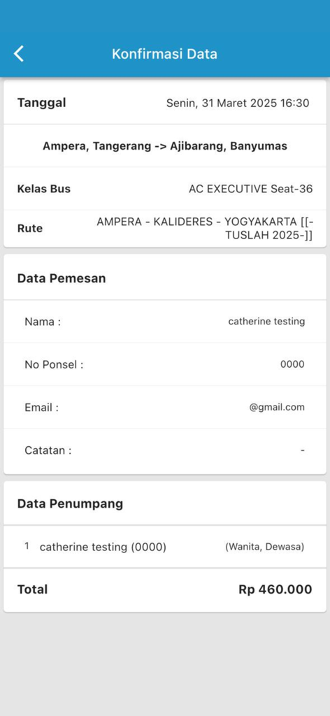 Sumber Alam - Booking confirmation screen in the Sumber Alam app showing bus route and ticket details