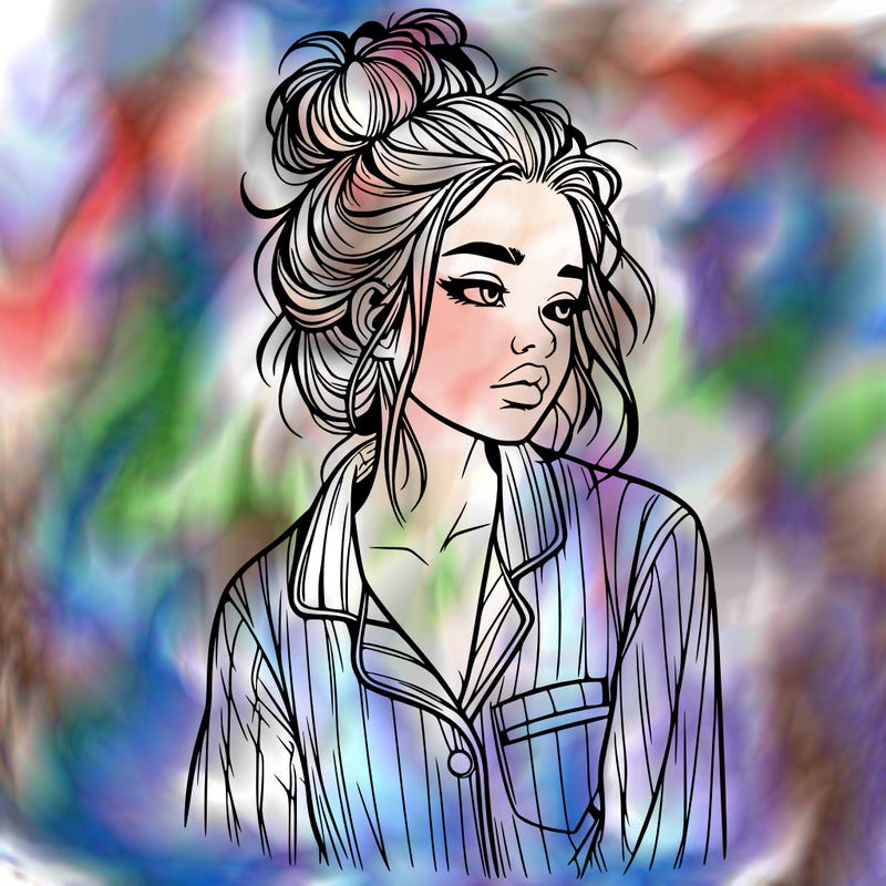 realistic woman with pajamas on and a messy bun