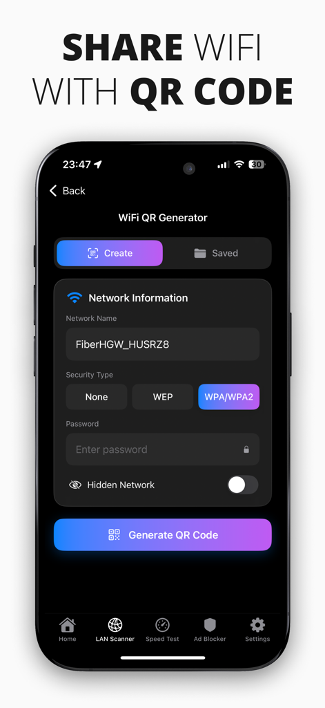 NetVPN Adblock Proxy Unlimited - NetVPN app screen showing WiFi QR Code generator for easy network sharing