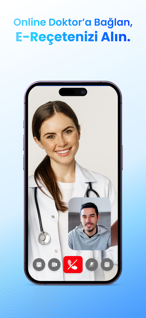 Happ | Check-Up - A smartphone displaying a live video call between a female doctor and a male patient on the Happ Health app.