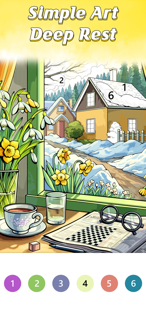 Eine gemütliche Malen-nach-Zahlen-Ausmalvorlage einer Winterlandschaft, gesehen durch ein Cottage-Fenster